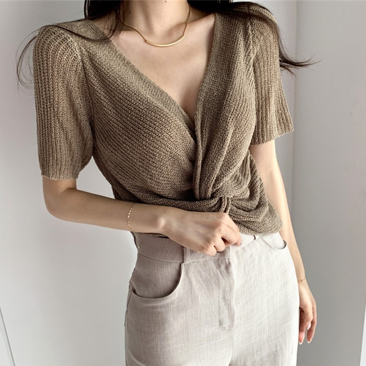 サマーニット ニットソー 半袖 Vネック カシュクール 韓国 レディース オルチャン かわいい 可愛い キュート 大人可愛い 大人女子 シンプル 黒 ブラック 白 ホワイト ベージュ