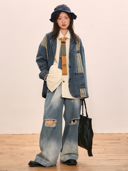 ハイウエスト ストレート リップド ジーンズ