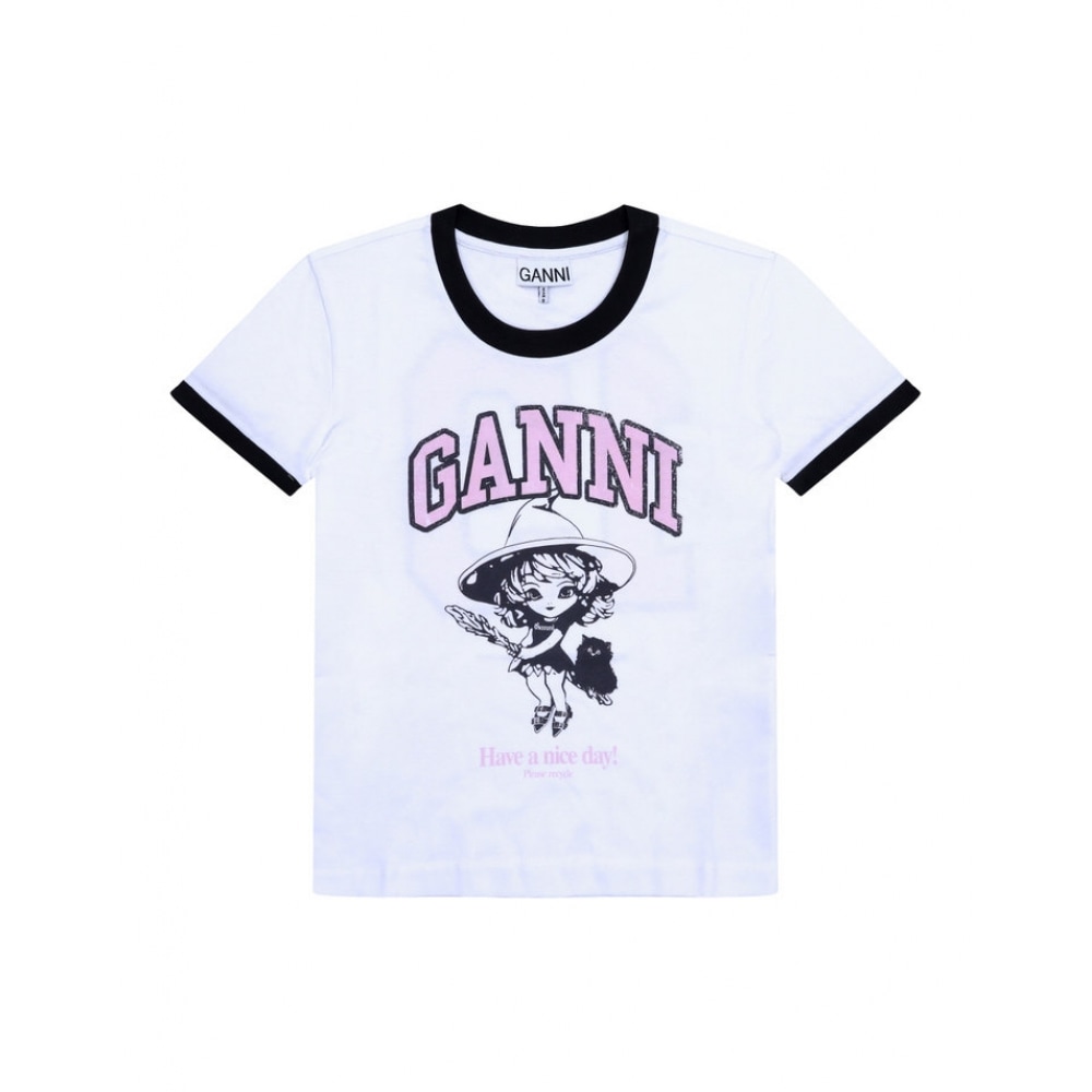 GANNI T4156 151 ウィッチロゴプリントコントラストリンガー女性用半袖Tシャツ