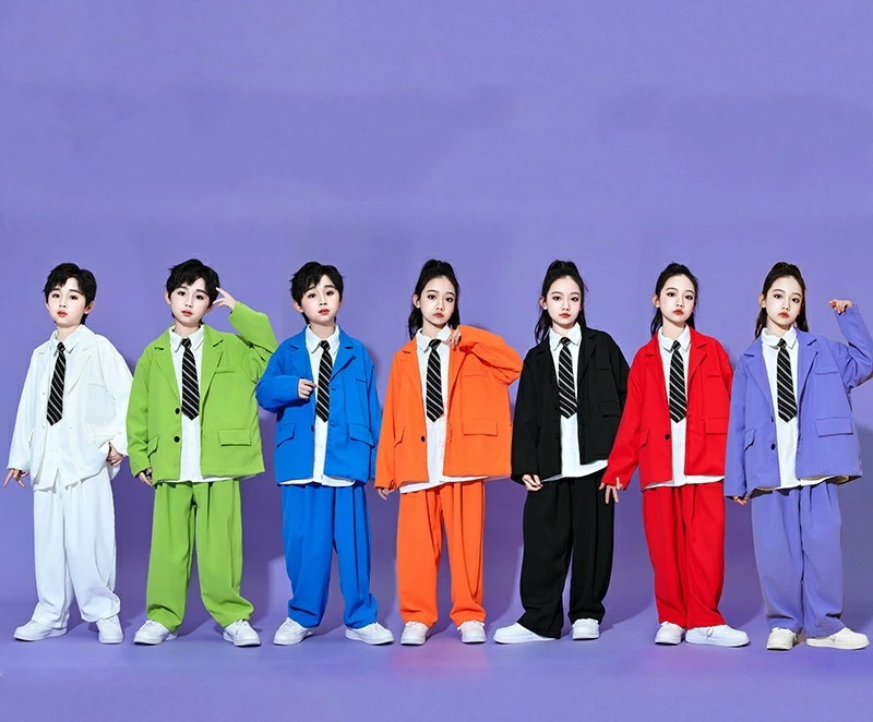 ジュニア ダンススーツ hippop 普段着 学園祭 クール系 発表会 ジャズダンス シャツ追加可 半袖/長袖 ステージ ダンスウエア 上下セット キッズ カラフルスーツ 男の子兼用ダンスセットおし