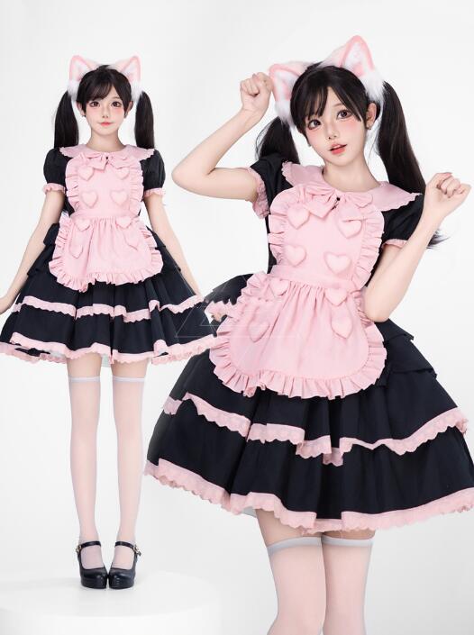 ロリータ ワンピース ハロウィン コスプレ 余興 仮装 可愛い ロリータ服 半袖スカラップドレス 膝丈 ロリータドレス 学園祭 文化祭 イベント コスチューム ドレス lolita ピンク