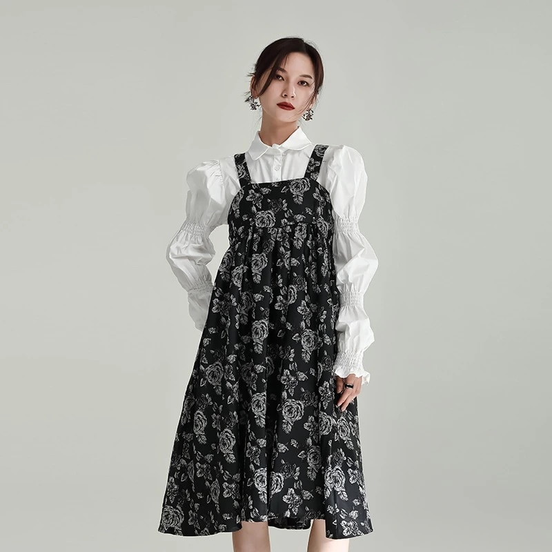 【J.Fashion】 レトロ 花柄 キャミワンピ ミドル丈 Aライン ワンピース ドレス 写真ブラウスも店で購入可能 メガ割30%までに制限