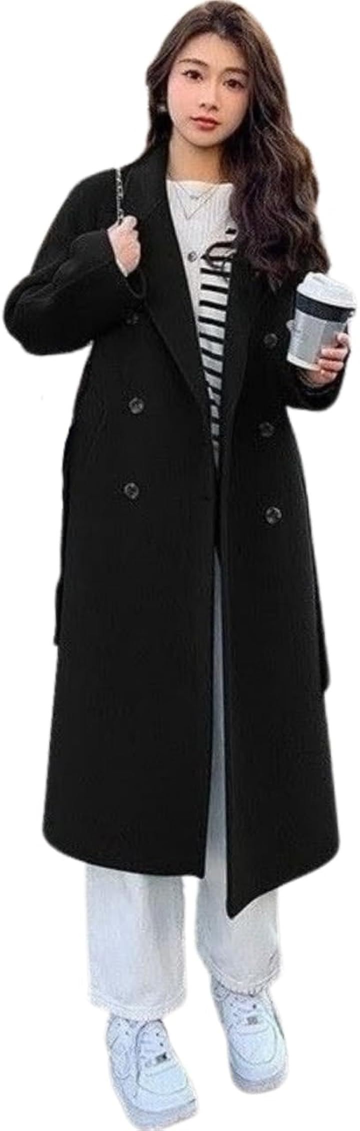 ジェイスコット ロングコート アウター ベルト付き ダブルボタン シンプル エレガント 秋冬 無地 レディース 体型カバー 裏地付き ポケット 通勤 (ブラック, XL)