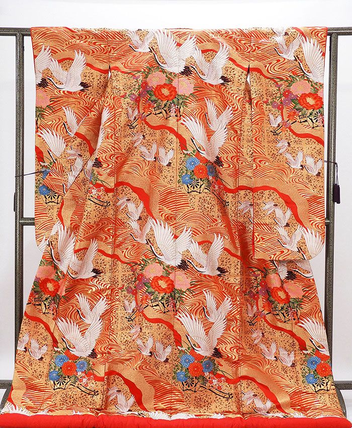 色打掛 正絹 流水 舞鶴 四季花車 打掛 花嫁衣裳 婚礼 中古 リサイクル ブライダル ウエディング 着物 e3213