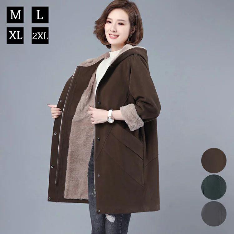 裏ボアフード付きコートミディアム丈アウターフーディー上着無地シンプルブラウングレーダークグリーンカジュアルポケット付きファスナースナップ