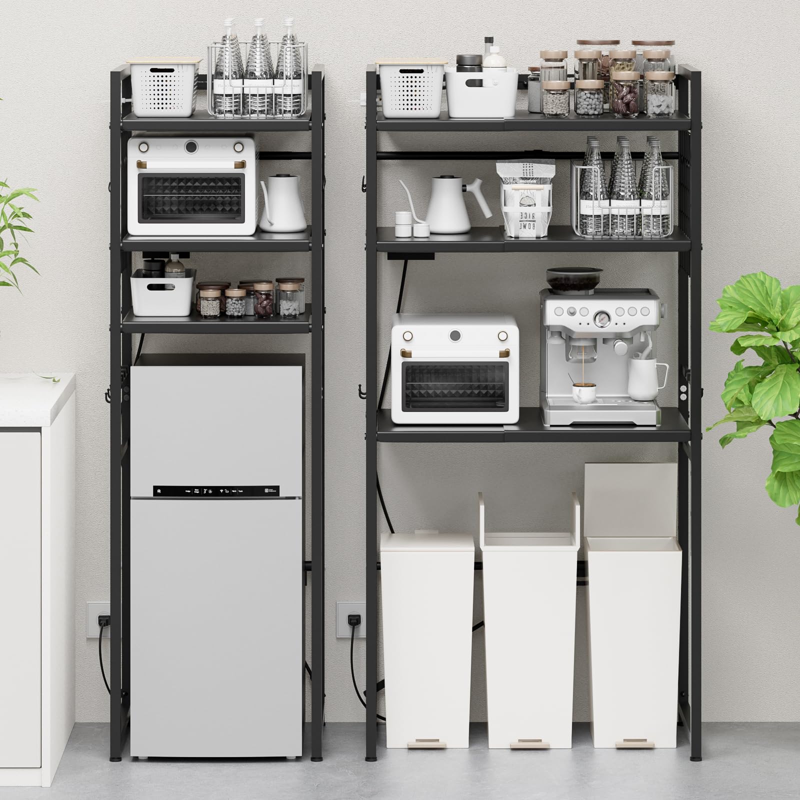 TKUIN ゴミ箱上ラック 冷蔵庫上ラック 【幅50～80cm伸縮可2口コンセント付き】電子レンジラック 洗濯機ラック レンジ台 棚高さ調整可 トースター置き台 多機能 伸縮キッチンラック 3段 キ