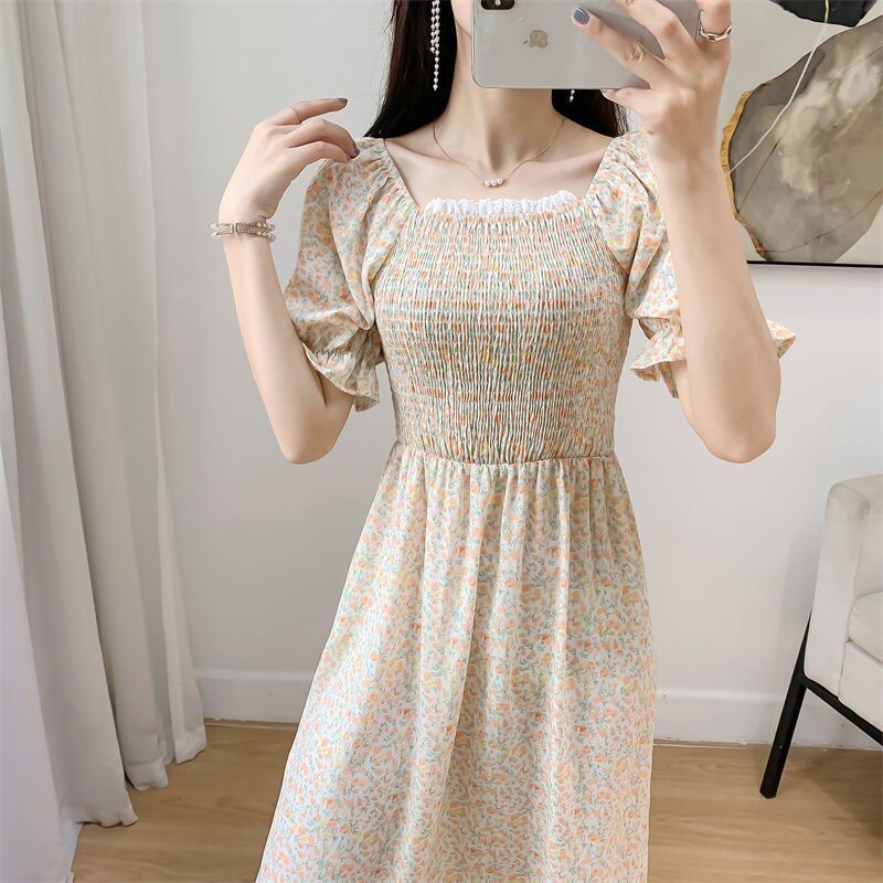 話題！サテンスカートバブルスリーブ花柄ミディドレス2024新作サマードレス