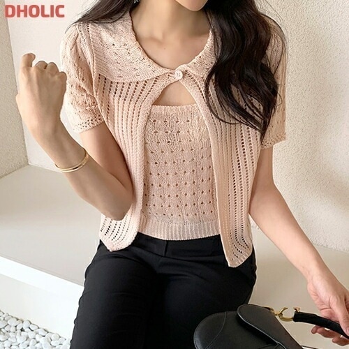 [メガ割りSALE]ニットシースルー半袖カラースリムアンサンブルカーディガンキャミソール