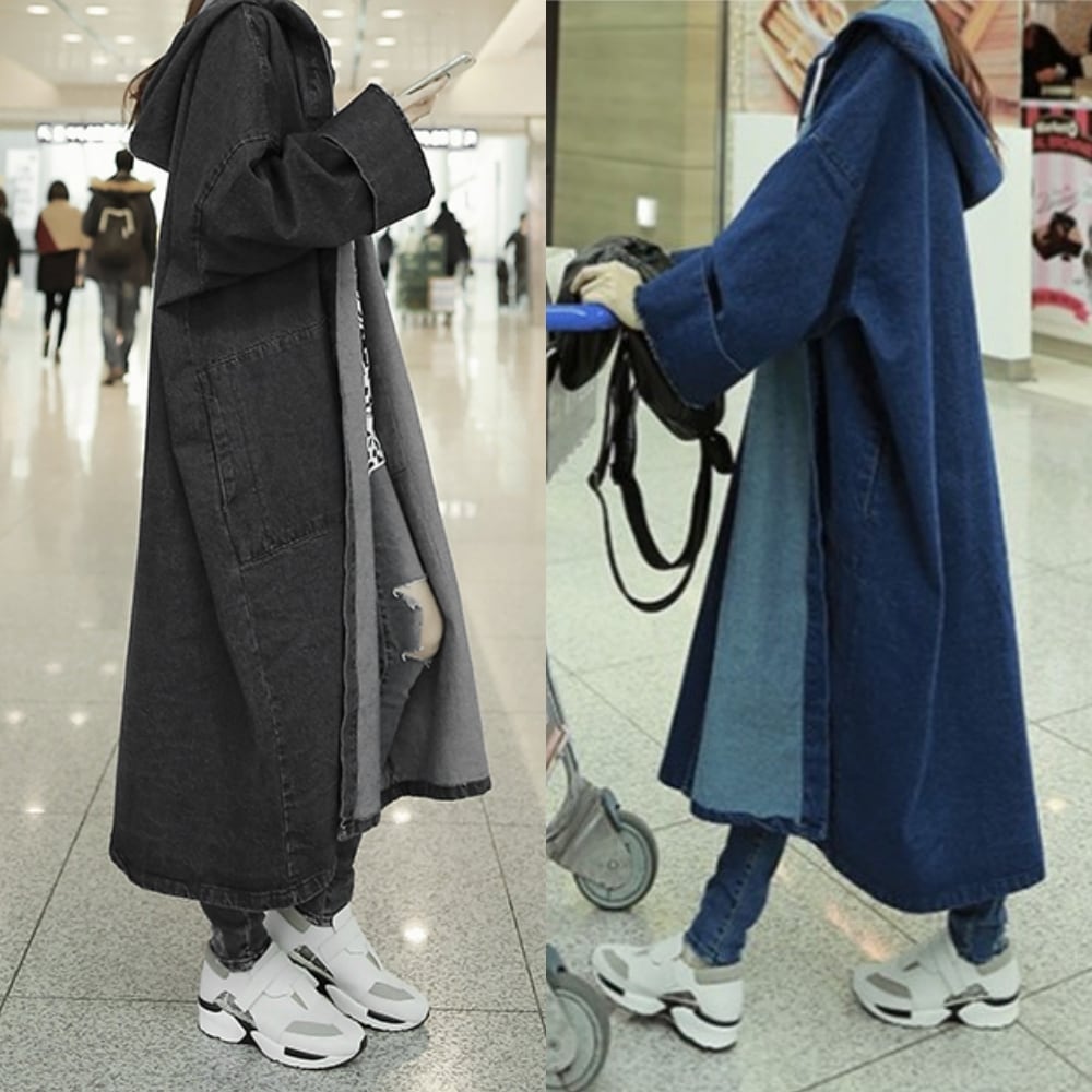 デニム ロングコート ロングジャンパー レディース l 長袖 フード付 おしゃれ 大人可愛い カジュアル こなれ感 ラフ ルーズ ゆったり オーバーサイズ 無地 黒デニム ブルーデニム アウ