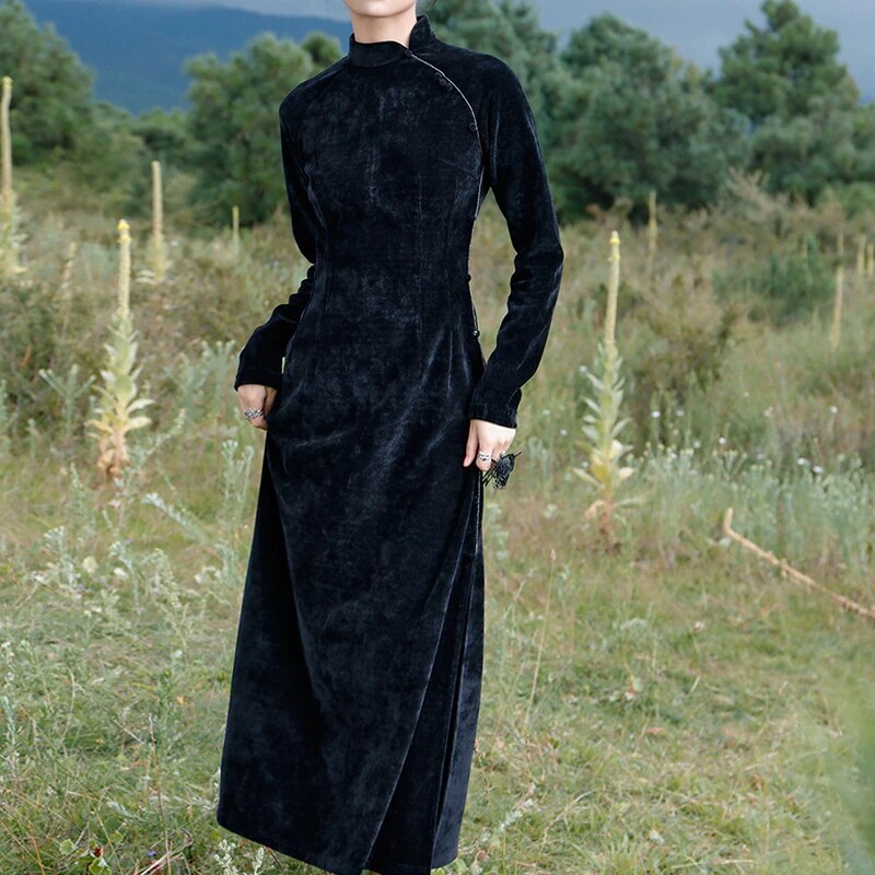 ベルベットワンピース ロング チャイナドレス風ワンピース チャイナドレス 黒 スリットワンピース 無地 長袖 レトロ あったか スタンドカラー