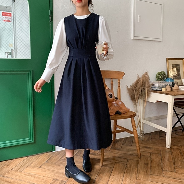 スカート フレアスカート ジャンパースカート ジャンスカ ミモレ丈 袖なし ノースリーブ ラウンドネック 襟なし 個性的 Aライン 切り替えデザイン ウエストマーク バックリボン バックファスナー