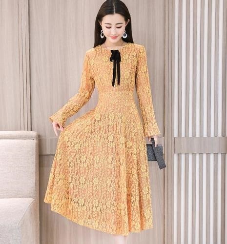 1247．花柄レースロングワンピース（イエロー）