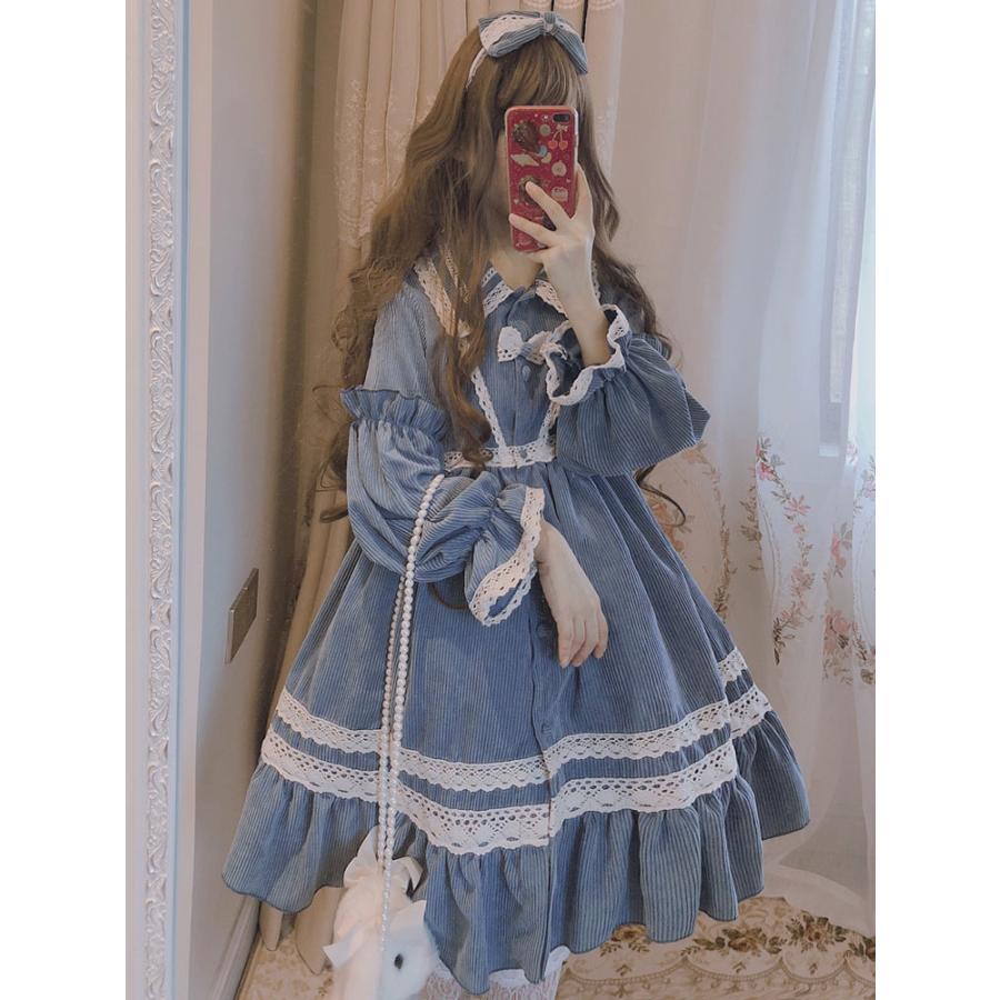 クラシックロリータOPドレスコーデュロイレースフリルプリーツロリータワンピースドレス