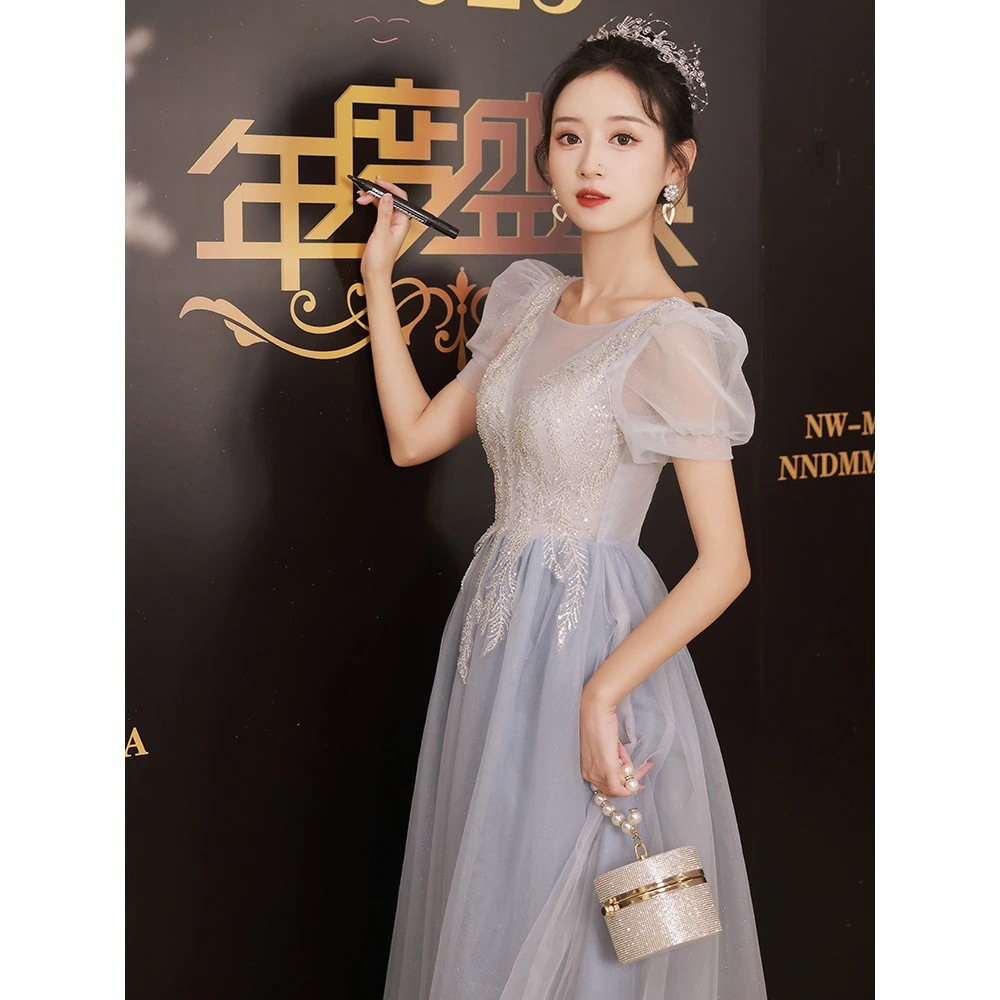 ワンピースドレスドレス青いドレスバンケットバンケット誕生日バンケットホストドレスプレミアムセンスアート試験長