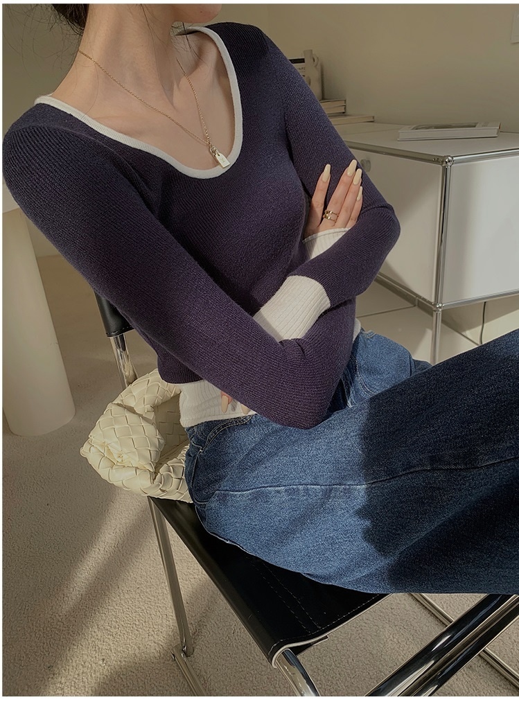 レディース ファッション ボトムシャツ 婦人服 秋 冬 スタイル U ネック スリムフィット セーター トップ ネイビー ＳＭＬ トップス 袖あり かわいい 大人可愛い きれいめ シンプル 8,428円