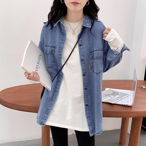 おしゃれなデニムシャツ レディース トップス ジャケット シャツ ブラウス デニム Gジャン 長袖 ポロカラー ソリッドカラー ストレート ポケット ボタン アメカジ パッチ ステッチ ブルーデニム 5,443円