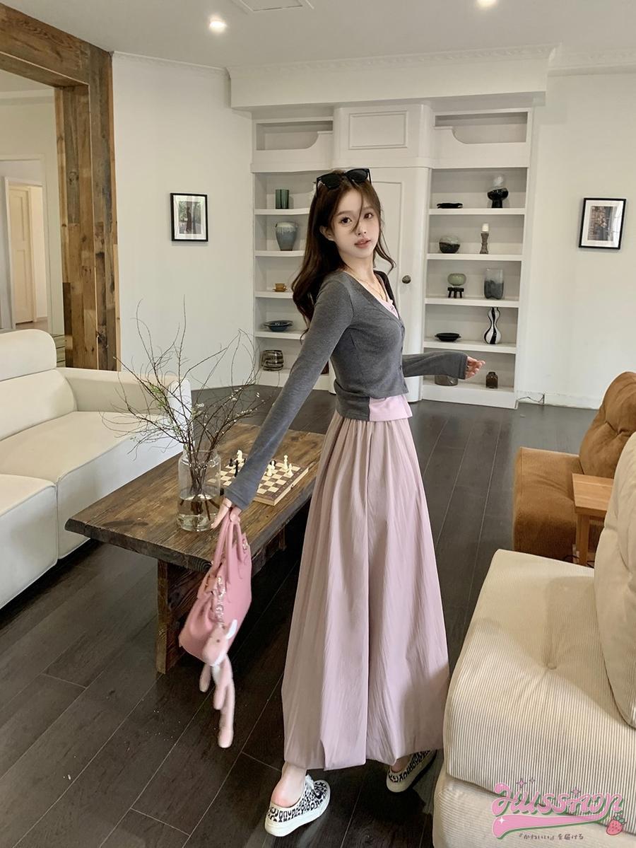 2025 春夏優しい風のスーツ女性春甘辛偽2ピース衝突ショートニットセータートップ芽半身スカートツーピースセット