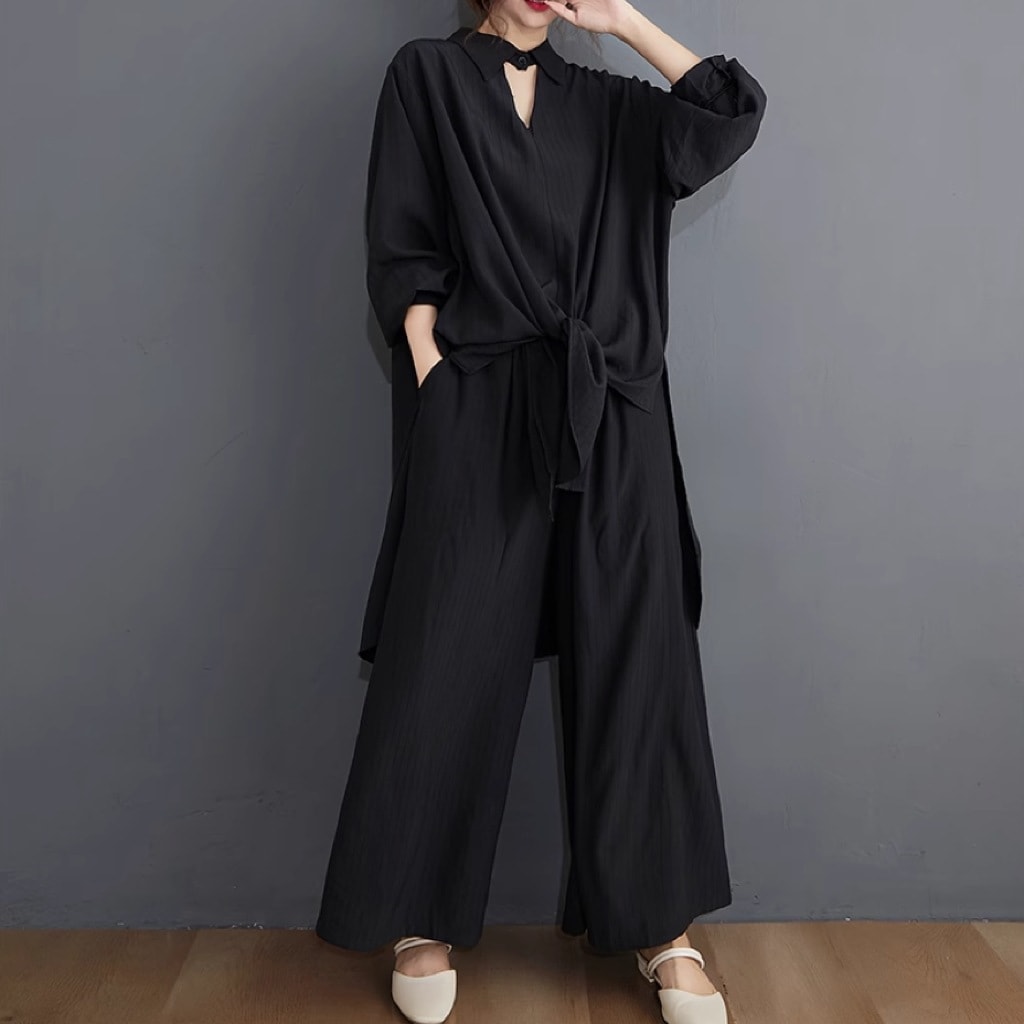 レディース トップス パンツ ボトムス オールインワン つなぎ ジャンプスーツ ロング 長袖 オープンショルダー 襟付き 角襟 オーバーサイズ リボン ポケット 2way ボタン 大人可愛い きれいめ