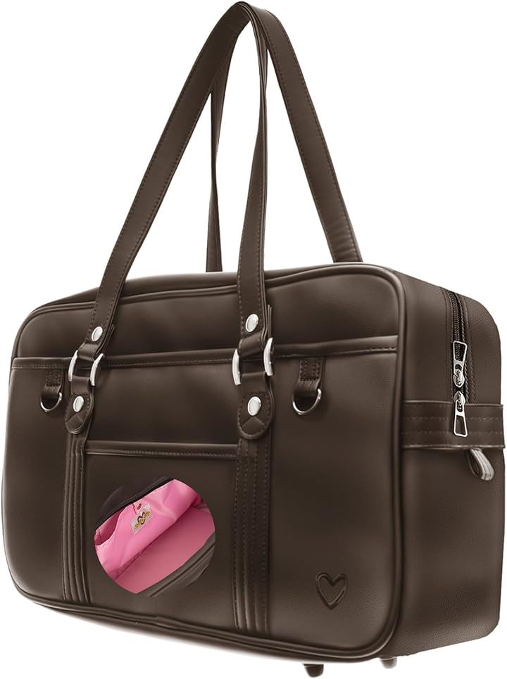 キューティパイ スクバ スクールバッグ 茶色 合皮 高耐久 丈夫 軽い かわいい 持ち手長い 女子高生(ダークブラウン x ピンク)