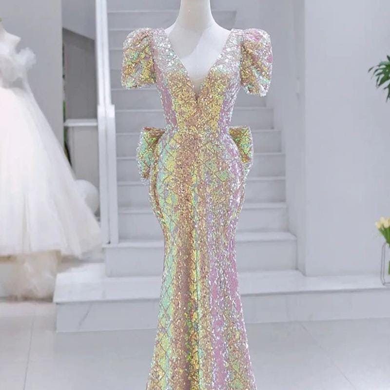 ワンピースドレスドレススパンコールテイルバンケットドレス2025ハイエンドスリム気質ホストドレススモールマン