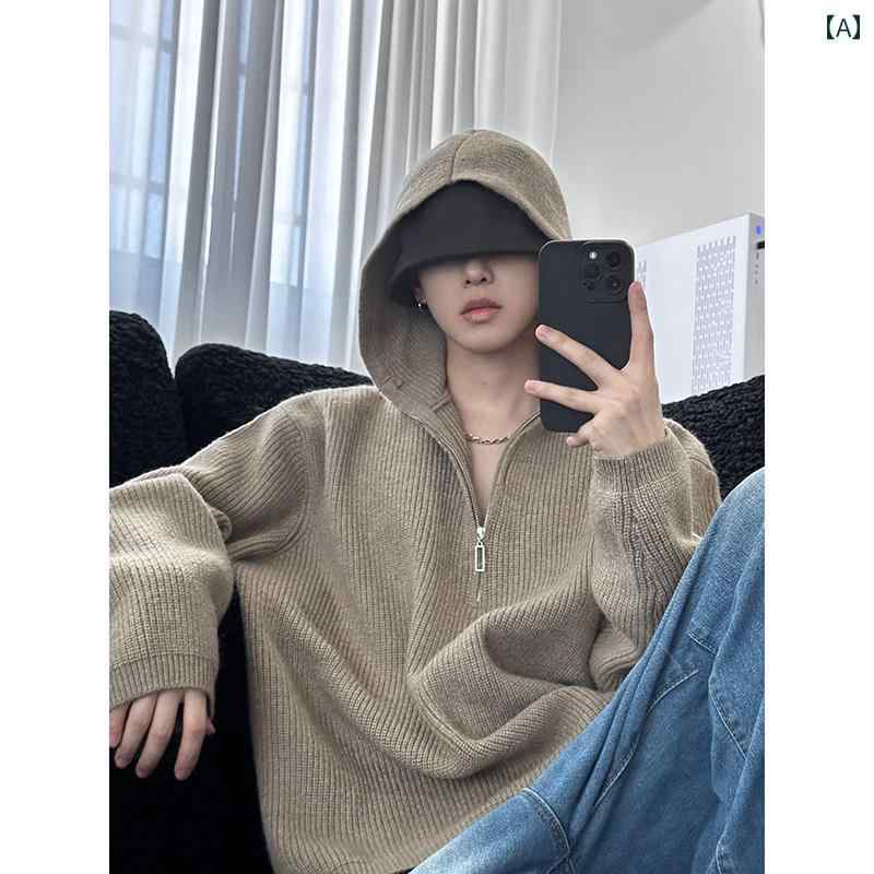 セーター メンズ ニット トップス 秋冬 ハーフジップ フード ファッション カジュアル カーキ グレー ブラック 韓国