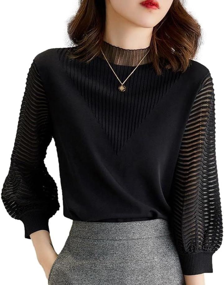 バルーンスリーブニットソー レースネック 凹凸感 リブデザイン 立襟 7分袖 透け感 ぽわん袖 入学式 七部袖 洗濯 ブラウス リラックス アイロンいらない JS92(ブラック, M)