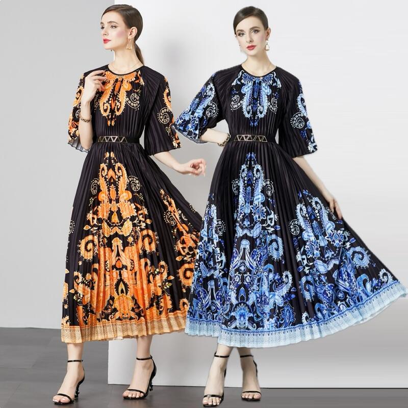 新品掲載！F2色オレンジ ブルー ドレス ワンピース ワンピ パーティードレス ロングプリーツ パーティーワンピ 結婚式 二次会 カラオケクラシカル系 レトロ感優雅印象ベルト付き華やかペイズリ 4,838円