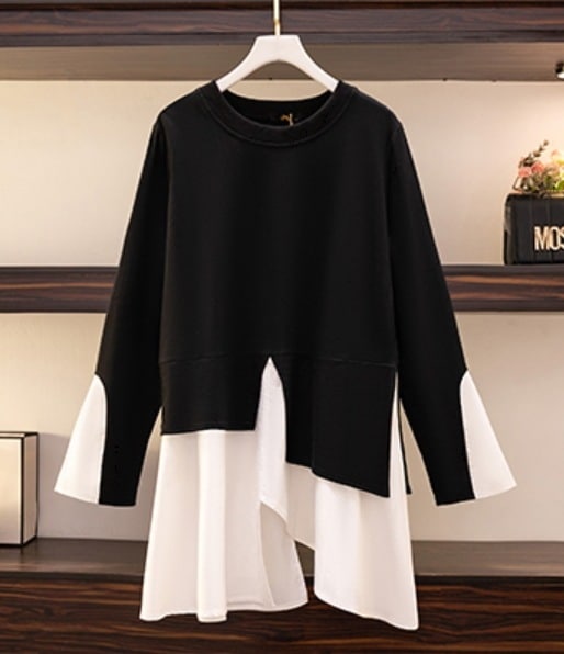 アシメ アシンメトリー 大きいサイズ トップス プルオーバー ビッグT 袖あり 長袖 Uネック ラウンドネック 襟なし ゆったり かわいい きれいめ カジュアル おしゃれ お洒落 かっこいい こなれ感