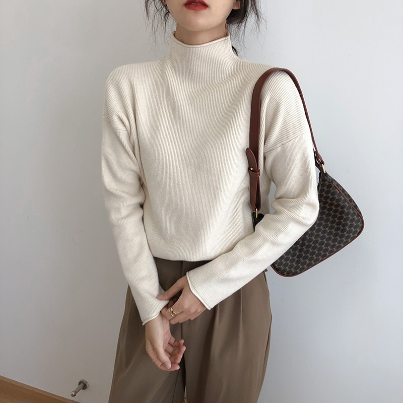カールヘム トップス セーター ミディアム丈 長袖 ハーフハイネック モックネック 長袖 ドロップショルダー ニット 伸縮性 シンプル カジュアル きれいめ 上品 おしゃれ お洒落 こなれ感