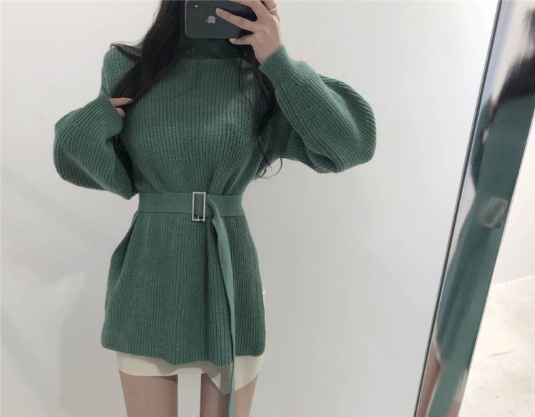 ニット トップス レディース 秋 冬 白 黒 セーター ミニ丈 ショート 膝上 長袖 萌袖 ハイネック ベルト ウエストマーク サイドスリット 伸縮性 かわいい シンプル 大人 大人可愛い 韓国 オル