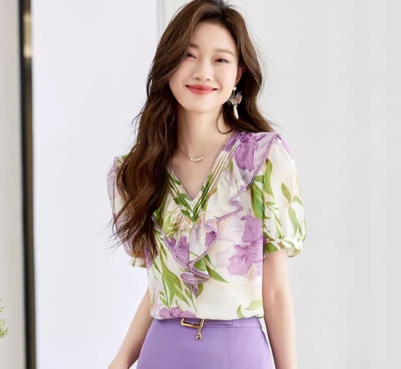 シフォンシャツ ブラウス レディース 夏 上品 女性 カジュアル プリント フリル 半袖 Vネック プルオーバー 通勤 オフィス 薄手 軽量 柔らかい トップス お腹カバー スリム