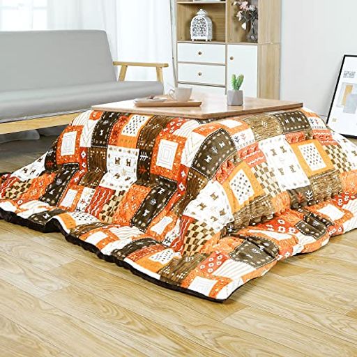 JEMAジェマ こたつ布団 こたつ厚掛け布団 掛け布団単品 リバーシブル 両面使える フランネル 発熱綿使用 保温性 丸洗いOK 毛抜けない ギャベ オレンジ 185X185CM