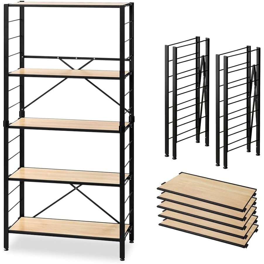 スチールラック 棚板の連結で使い方は自由自在 連結 可動棚 オープンシェルフ ラック 幅:76cm 分解可能 5段 ナチュラルオーク KRSR-5