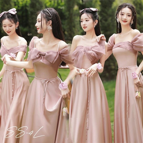 ブライズメイド ドレス ロング丈 ピンク サテンドレス 袖付き 二次会 大きいサイズ 結婚式 体型カバー 半袖 フリル オフショルダー 謝恩会 二次会 卒業式 花嫁 ピアノ 発表会 ドレス 演奏会 2