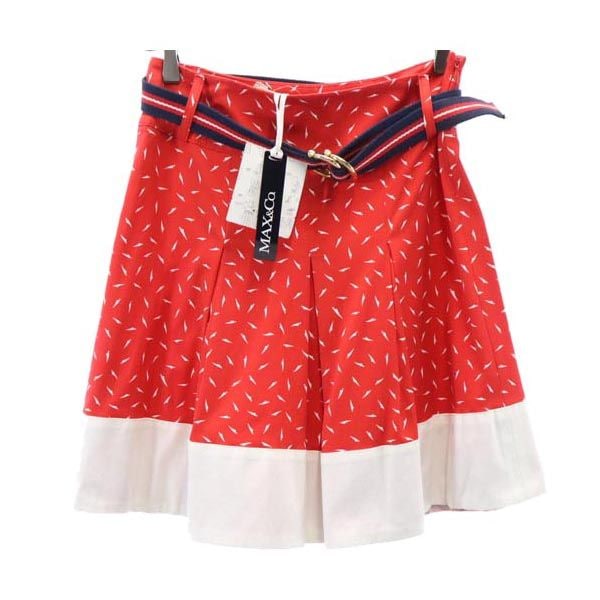 未使用 マックスアンドコー 総柄 ミニ丈 プリーツ フレアスカート 38 赤×白 MAX&CO サイドジップ レディース