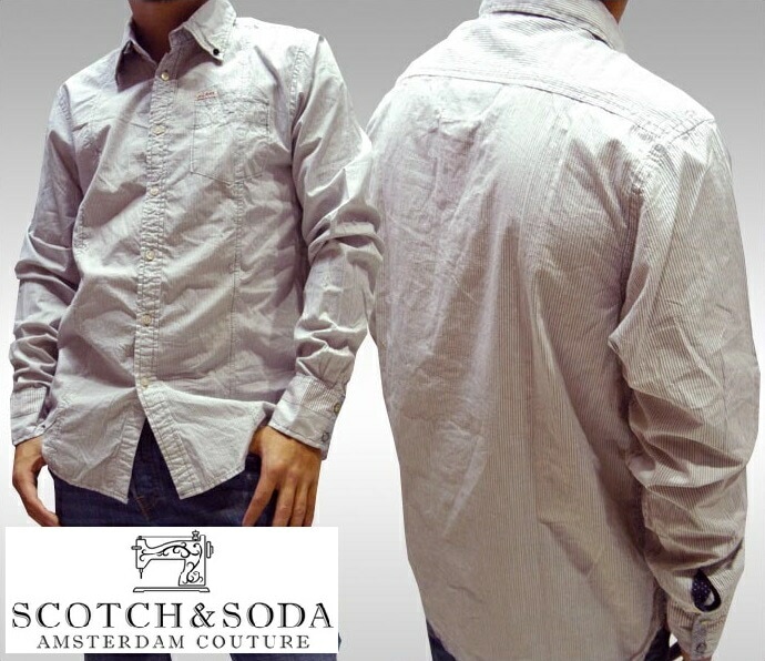 スコッチ&ソーダ スコッチアンドソーダ scotch&soda メンズ 長袖 シャツ ダブルストライプ ホワイト ブラウン ダブルスナップボタン トップス カジュアル サーフ セレブ ストリート ヨー