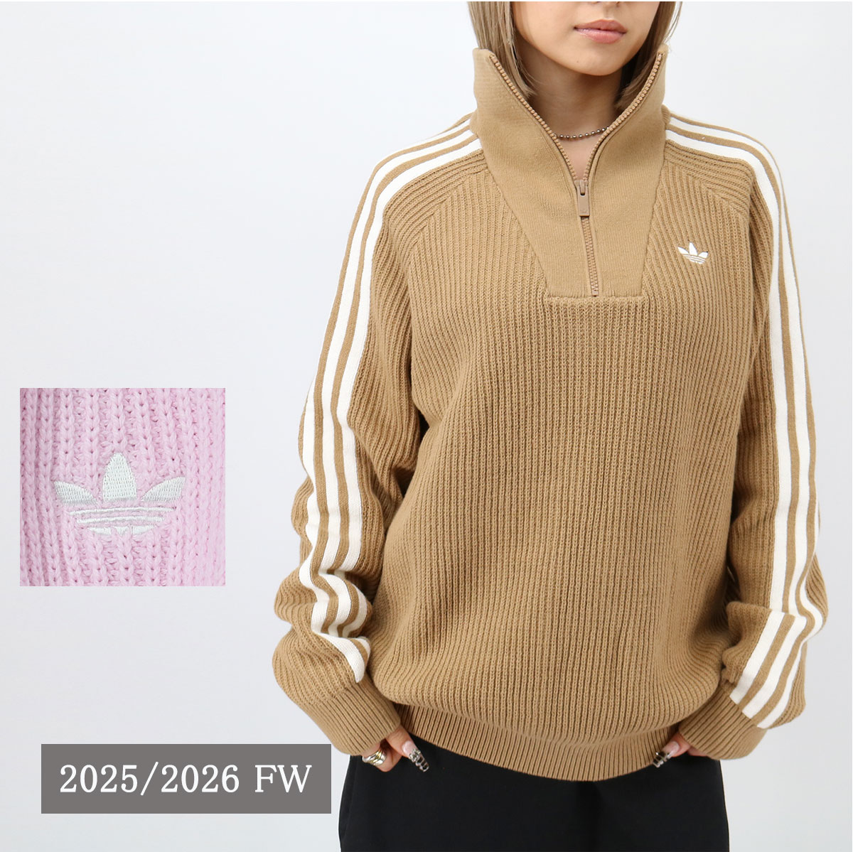 KS7787/KS7785 ニット ファンネルネック FUNNEL NECK ハイネック トレフォイルロゴ刺繍 セーター 長袖 ハーフジッ