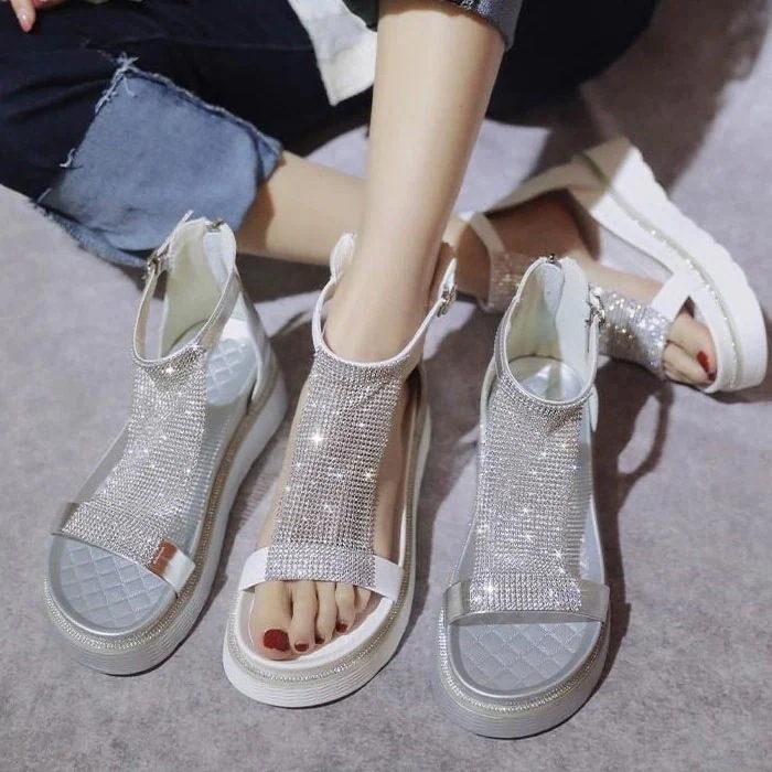 【急速出荷!】サンダル レディース ラインストーン キラキラ アンクルベルト シルバー ホワイト 厚底 5cmソール