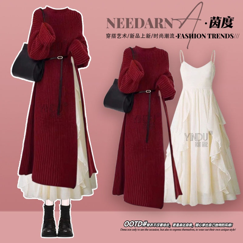 秋冬新作スーツレディースフレンチクリスマス風ニットセーター軽くて大人っぽいサスペンダーワンピース2点セット