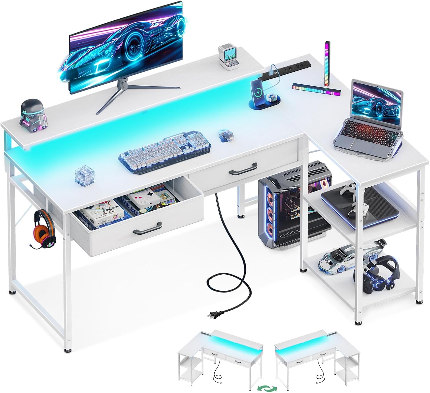 AODK L字デスク ゲーミングデスク パソコンデスク 120cm幅 コンセント付き RGBライト付き モニター台付き 棚高さ調節可能 右棚左棚 大型PCデスク 収納力 引き出し2杯