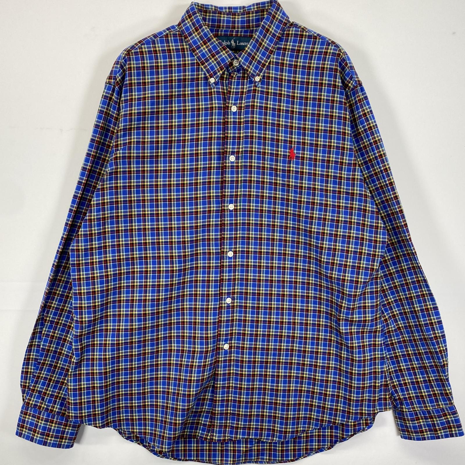 古着 90s/90年代 長袖シャツ ボタンダウン ロゴ刺繍 ワンポイントロゴ XL ブルー系 チェック メンズ