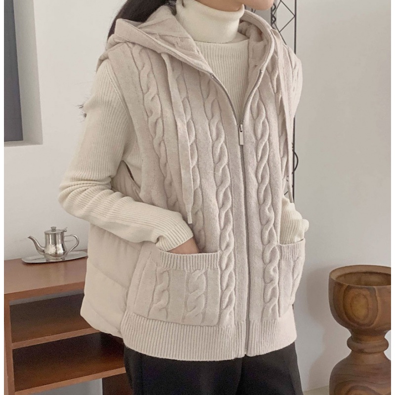 3色韓国chi秋冬衆デザイン感と帽子つなぎ合わせニットベスト綿服コート女性