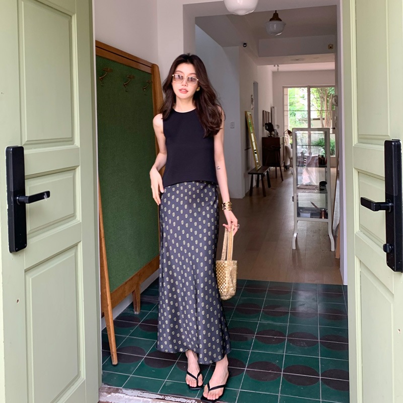 長いxierレトロエラスティックウエストプリント夏のハイエンドデザインの女性のためのプリントポルカドットスカートフィッシュテールヒップスカート