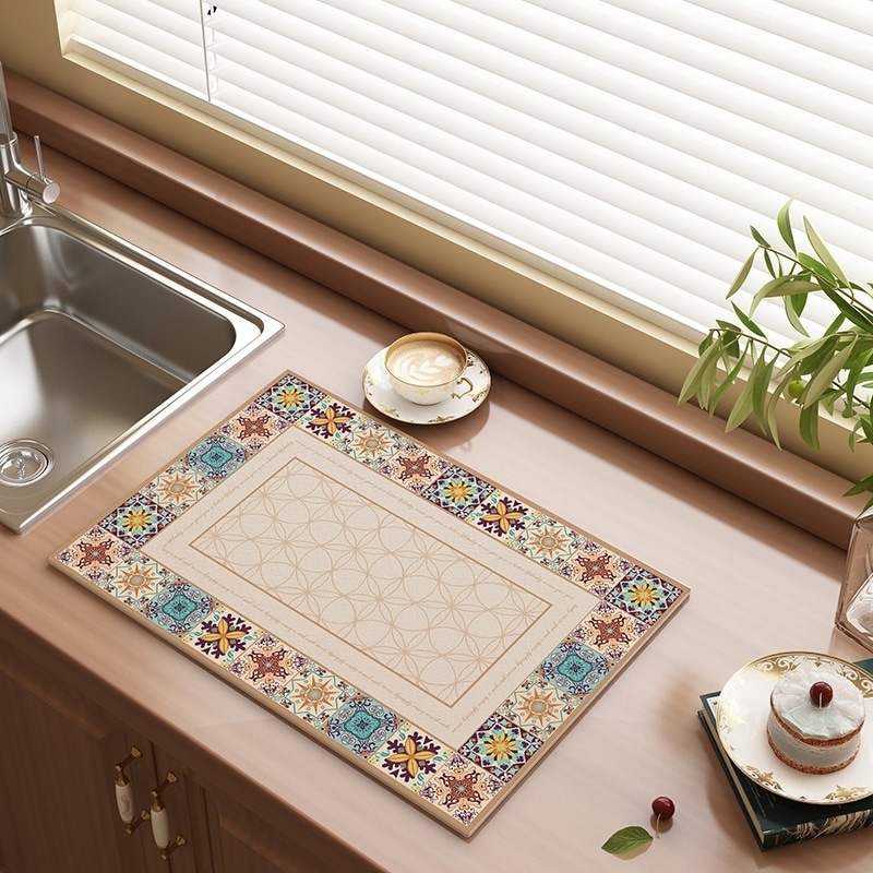 アメリカンレトロ珪藻土キッチンカウンタートップ排水パッドコーヒーマシンティーテーブル防水汚れ防止マット洗面台乾燥