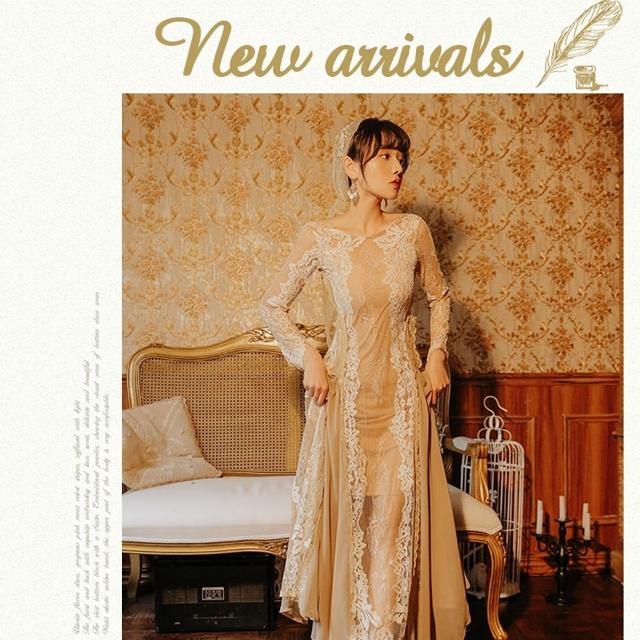 パーティードレス ロング 長袖 レース レトロ ワンピース ドレス シフォン 大人カラー ヌーディー おしゃれ 大人可愛い ロングドレス ワンピドレス オリエンタル ハイウエスト ラウンドネック バッ