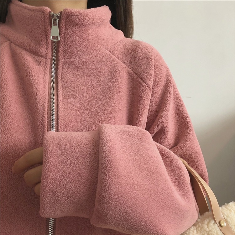秋冬の女性用ミドル丈カーディガンコートベルベットと厚みのあるスタンドカラースウェットシャツカジュアルなルーズジッパーポーラーフリーストップ