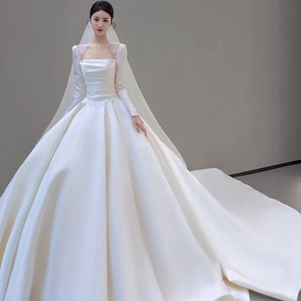 ワンピースドレスドレス前撮り シンプル 長袖 ワンピース 結婚式 プリンセス かわいい 小柄 後撮り 花嫁 撮影用 トレーンドレス 白ドレス スクエアネック フォトウェディング 披露宴 ウェディン