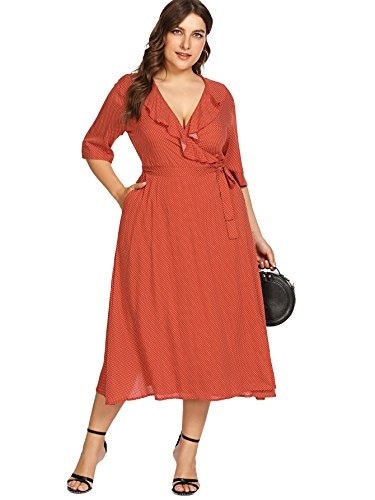 [sb]Milumia Plus Size Elbow Sleeves Maxi Dresses 1950s Classic Vintage Retro Ruffled Dress Empire Wa