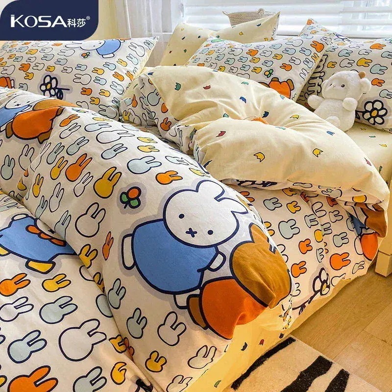 漫画 かわいい ミッフィー うさぎ 純綿ベッド 4点セット 綿 子供用 掛け布団カバー シーツ 学生寮 3枚入り2922