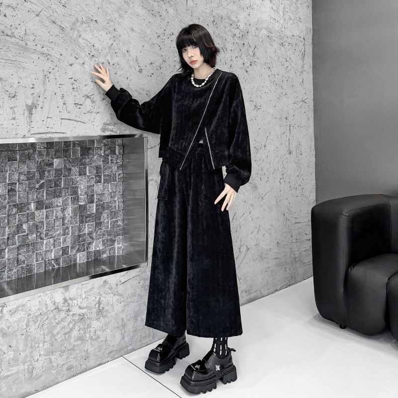 【J.Fashion】 2025秋 上下セット ベルベット スリットトレーナー スカートセット おしゃれ ゴムウエスト レディース セットアップ 関連商品購入可能 メガ割